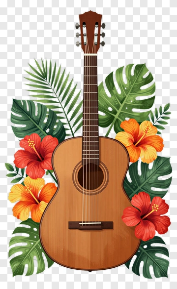 Acoustic Guitar Surrounded By Tropical Flowers PNG