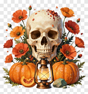 Halloween Skull Surrounded By Pumpkins And Flowers PNG