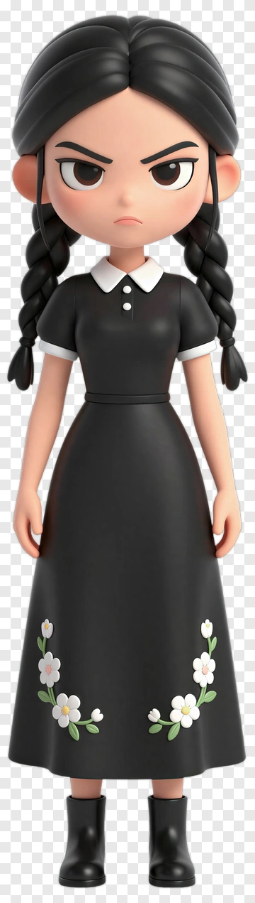 Cartoon Girl In Black Dress With Flowers PNG