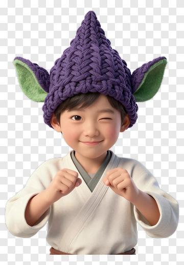 Child Wearing A Purple Hat With Green Ears PNG