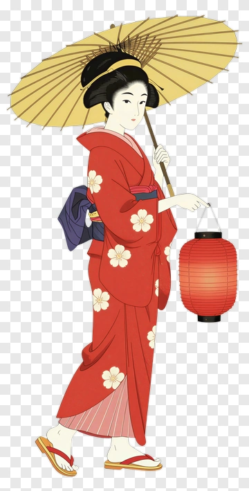 Woman In Kimono Holding A Lantern PNG