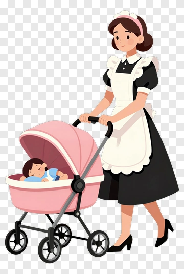 Nanny Pushing A Baby Stroller PNG