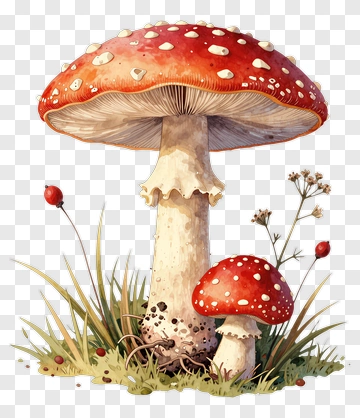Watercolor Red Mushroom With Grass PNG