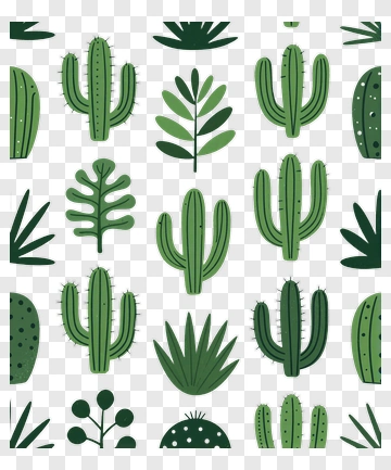 Green Cactus And Leaf Pattern PNG