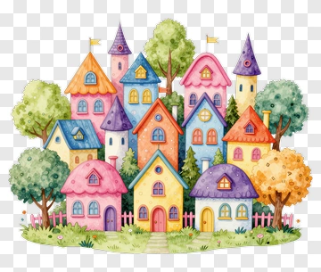 Colorful Village Of Cartoon Houses PNG