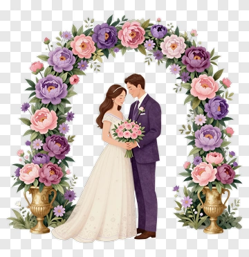 Wedding Couple Standing Under Floral Arch PNG