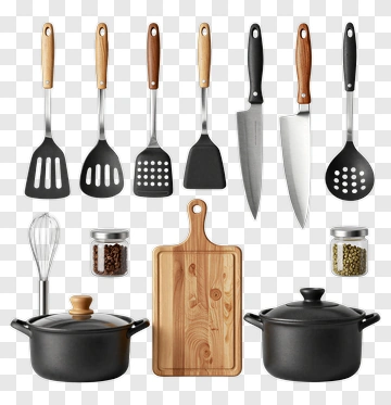 Cooking Utensils And Pots Arrangement PNG