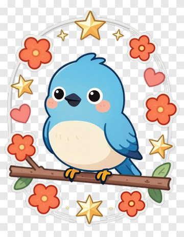 Cartoon Blue Bird On A Branch With Flowers And Stars PNG