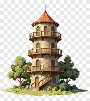 Cartoon Stone Watchtower With Greenery PNG