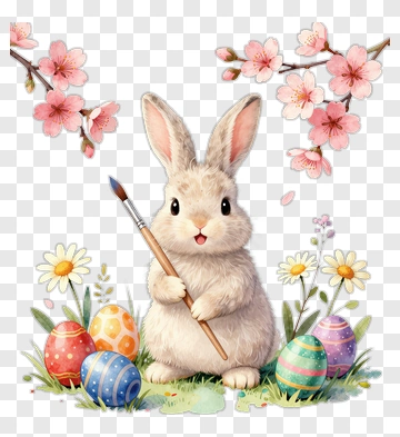Cute Rabbit Holding A Paintbrush With Easter Eggs PNG