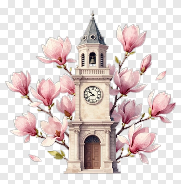 Clock Tower Surrounded By Pink Magnolia Flowers PNG