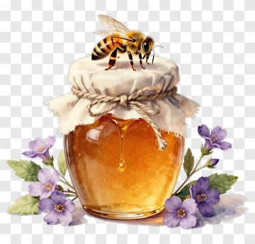 Honey Jar With Bee And Purple Flowers PNG