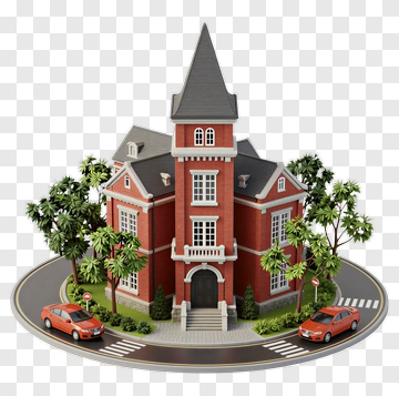 3D Mansion Surrounded By Palm Trees And Cars PNG