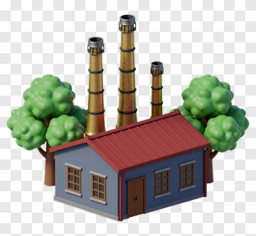 3D Factory With Smoke Stacks And Trees PNG