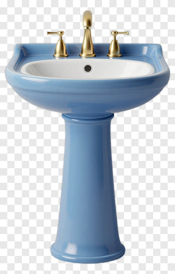Blue Bathroom Sink With Golden Faucets PNG