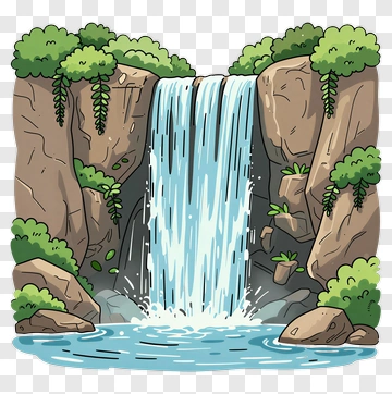 Cartoon Waterfall Surrounded By Rocks And Vegetation PNG