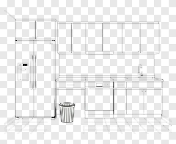 Kitchen Interior With Refrigerator And Trash Bin PNG