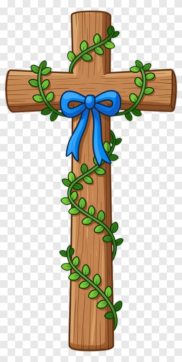 Wooden Cross With Blue Ribbon And Green Vines PNG