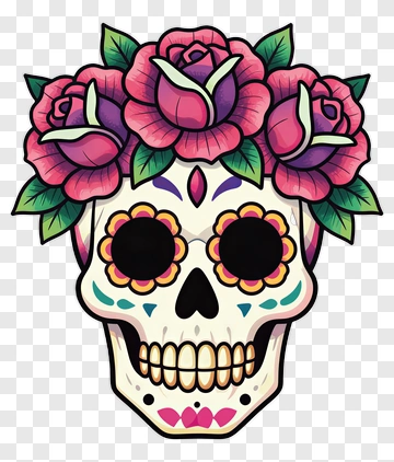 Colorful Sugar Skull With Flowers PNG