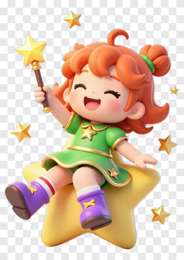 Cartoon Girl Sitting On A Star With A Magic Wand PNG