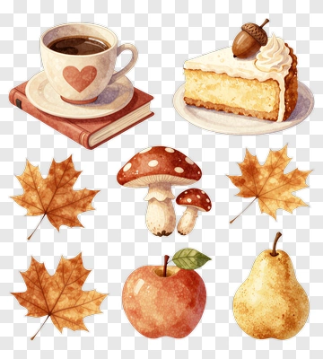 Autumn Still Life With Coffee, Cake, And Fruits PNG