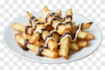 Plate Of French Fries With Chocolate And Cheese Sauce PNG