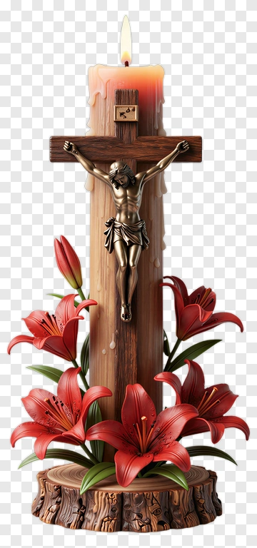Crucifix Candle With Red Lilies PNG