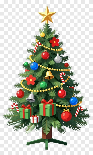 Christmas Tree Decorated With Ornaments And Gifts PNG