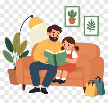Father Reading A Book To Daughter On A Couch PNG
