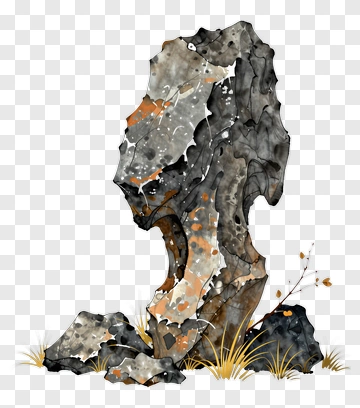 Watercolor Rock Formation With Grass PNG