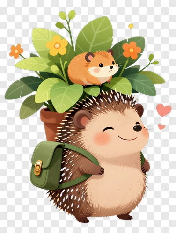 Cartoon Hedgehog Carrying A Plant With A Baby Hedgehog PNG