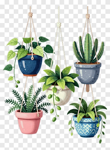 Hanging Plant Pots With Various Greenery PNG