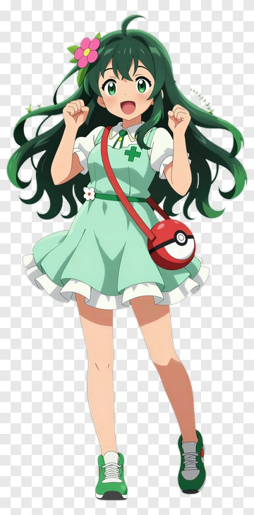 Cheerful Girl In Green Dress With Poké Ball Bag PNG