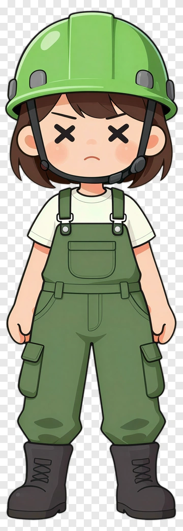 Cartoon Girl In Green Overalls And Helmet PNG