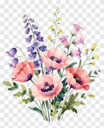 Watercolor Floral Bouquet With Poppies And Wildflowers PNG