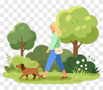 Woman Walking A Dog In A Park PNG
