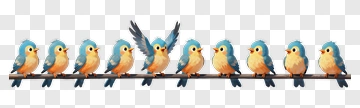 Colorful Cartoon Birds On A Branch PNG