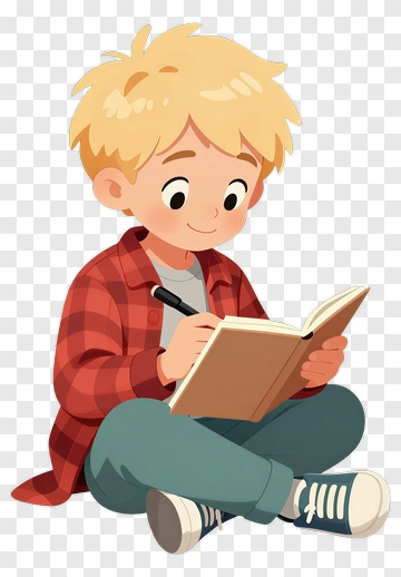 Cartoon Boy Sitting And Writing In A Notebook PNG
