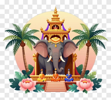 Elephant Surrounded By Palm Trees And Lotus Flowers PNG