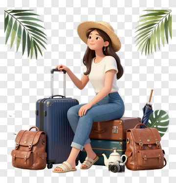 Cartoon Woman Sitting With Travel Luggage PNG