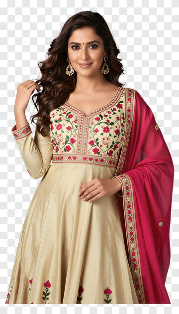 Woman Wearing Embroidered Traditional Dress And Pink Shawl PNG