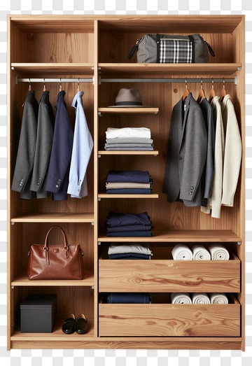 Wooden Closet With Organized Clothing And Accessories PNG
