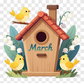 Birdhouse With Yellow Birds And March Text PNG