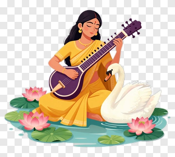 Woman Playing A Sitar Beside A Swan On A Lotus Pond PNG