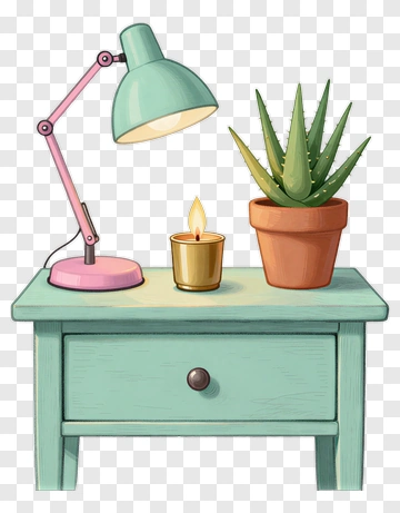 Table Lamp And Potted Plant On A Nightstand PNG