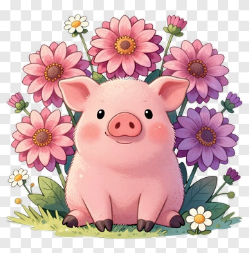 Cartoon Pig Surrounded By Colorful Flowers PNG