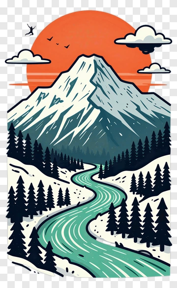 Mountain Landscape With River And Pine Trees PNG