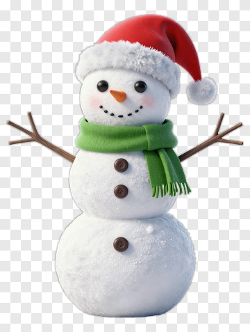 Snowman Wearing A Santa Hat And Green Scarf PNG