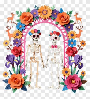 Colorful Skeletons Surrounded By Flowers PNG