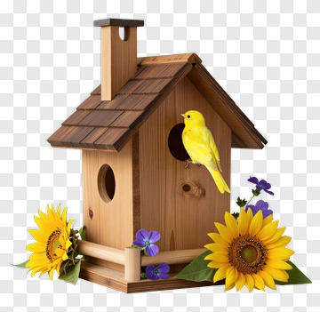 Birdhouse With Yellow Bird And Sunflowers PNG